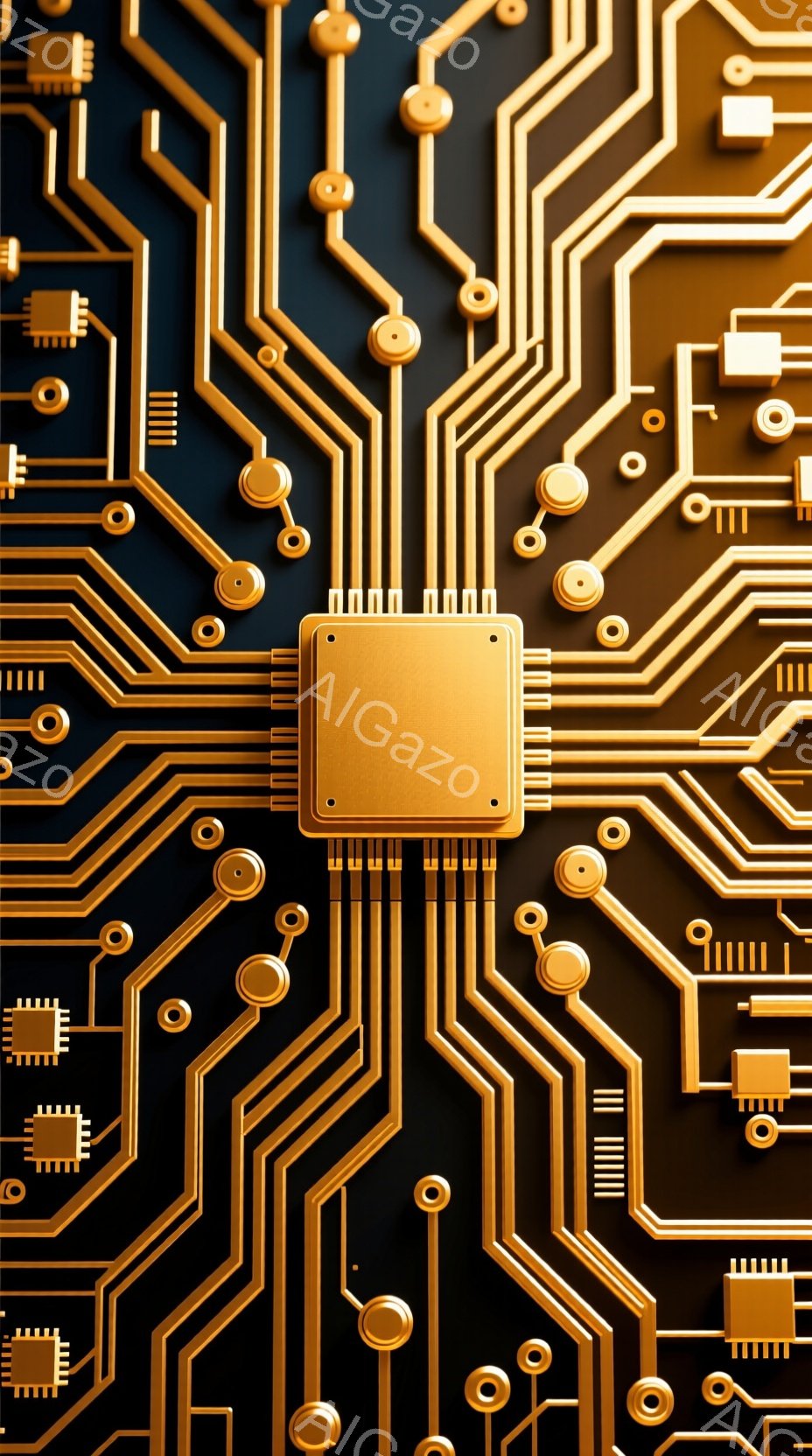 濃い黒色の背景に金色の回路が複雑に描かれた画像です。中央には、小さな金色の四角いチップが配置され、そこから細い金色の線が四方八方に広がっています。全体的に未来的な印象を与え、精密機械内部のような緻密さ - AI生成フリー素材