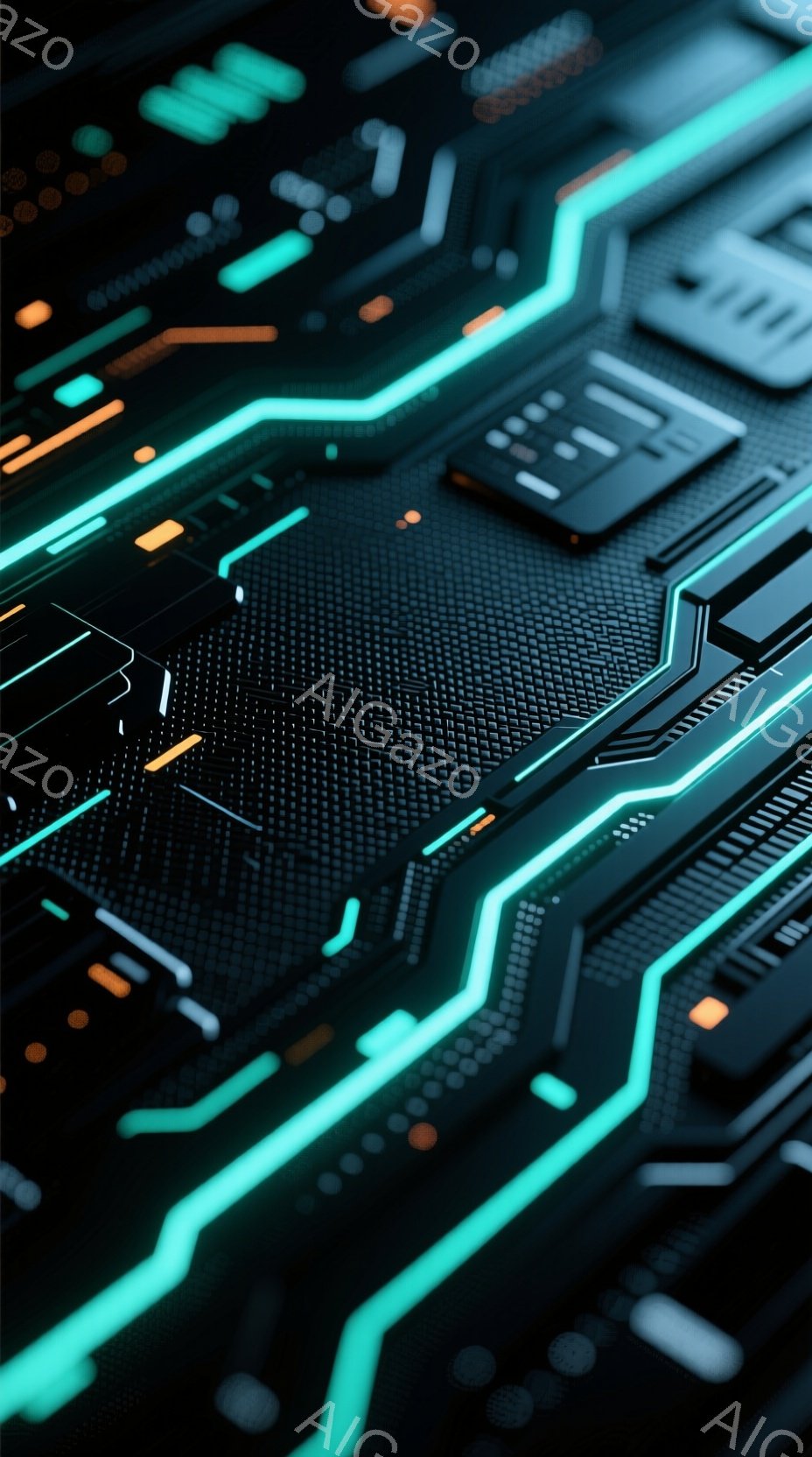 この画像は、鮮やかなターコイズブルーのラインが複雑に絡み合った電子回路基板をクローズアップしたものです。濃いグレーと黒の背景にオレンジ色の小さなドットが散りばめられ、未来的な技術と精密さを強調していま - AI生成フリー素材
