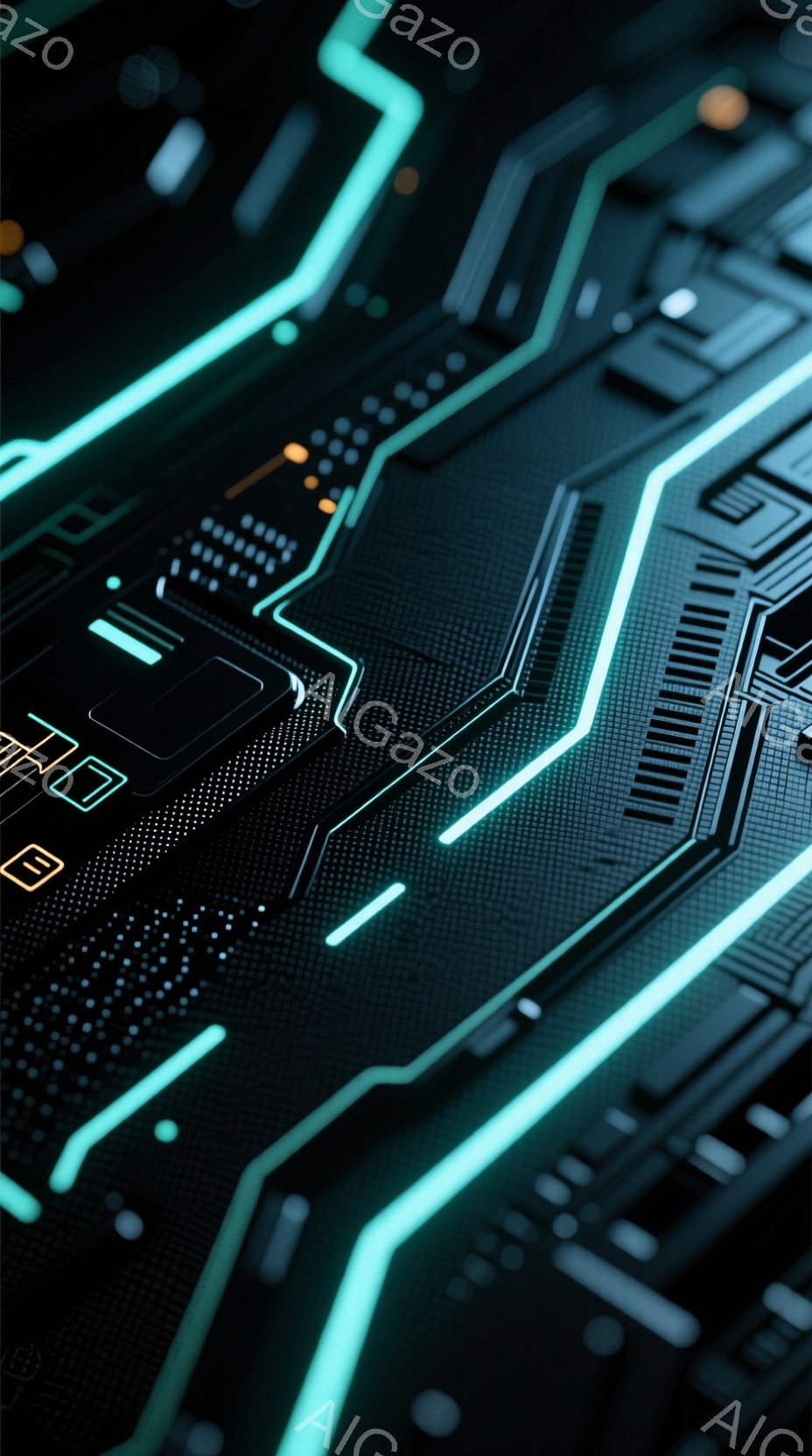 この画像は、複雑な回路基板のクローズアップです。鮮やかなターコイズブルーの光が、黒い基板上の銀色のトレースに沿って走っています。全体的に未来的な雰囲気で、テクノロジーや電子機器を連想させます。