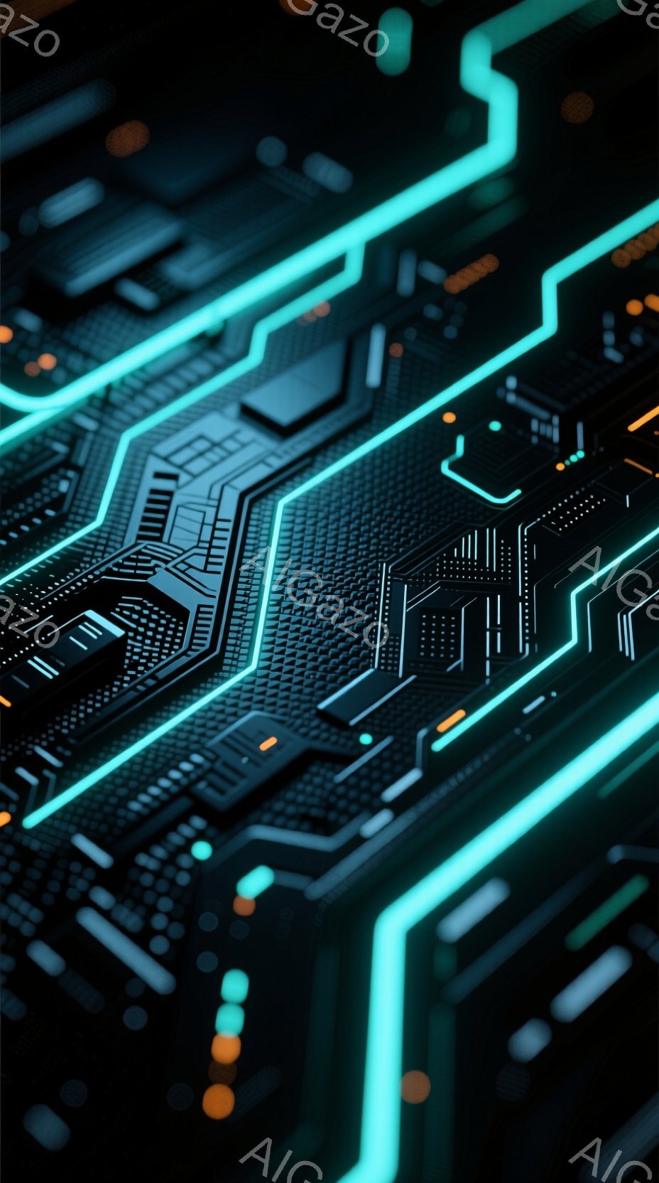 鮮やかなターコイズブルーのラインが複雑に絡み合い、まるで未来都市の回路図のような抽象的な光景が広がっています。暗い背景に浮かび上がる光の軌跡は、サイバーパンクやテクノロジーを連想させ、洗練された近未来的な雰囲気を醸し出しています。細部まで緻密に描かれた光のパターンは、見る者を魅了し、想像力を刺激します。