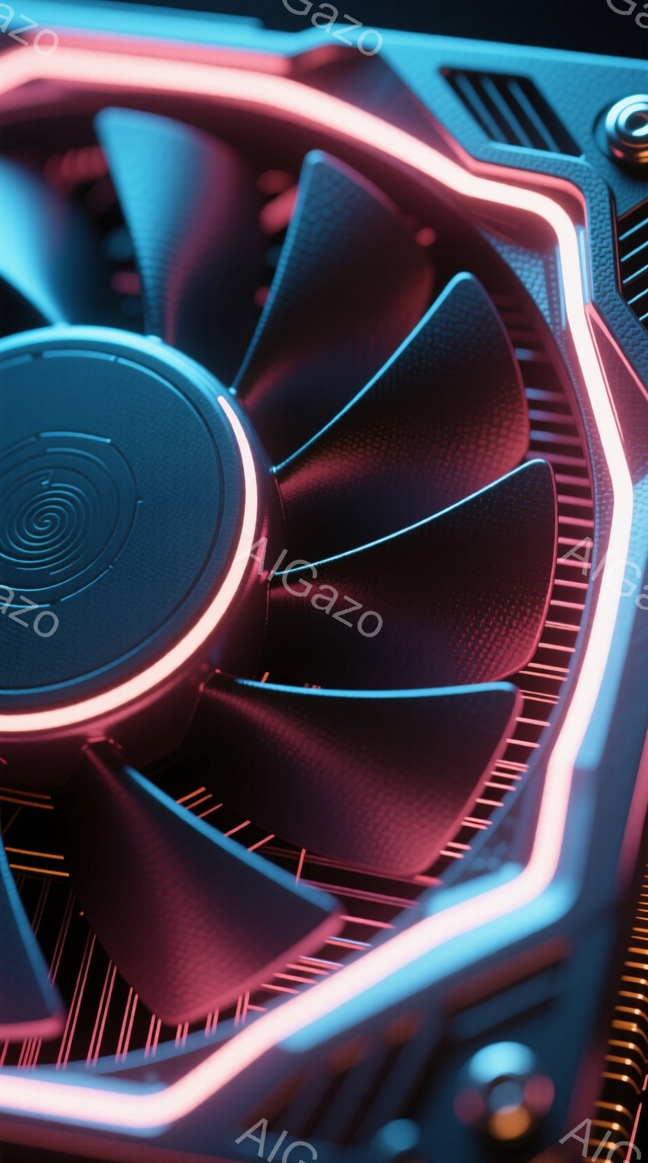 この画像は、鮮やかなネオンピンクの光で縁取られた、高性能なグラフィックカードの冷却ファンのクローズアップです。金属製のファンブレードは複雑なデザインで、中心にはロゴが入った円形のハブがあります。背景は暗く、技術的な雰囲気を強調し、冷却システムが強力なコンピューターハードウェアの一部であることを示唆しています。