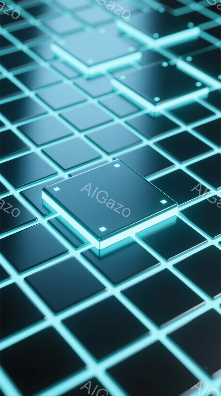 鮮やかなネオンブルーのグリッド状の床が広がっており、各タイルは光を放っている。特に、前景にある一つのタイルがわずかに高く、周囲のタイルよりも明るく輝いている。全体的に未来的なデジタル空間を思わせる、クールでスタイリッシュな雰囲気である。