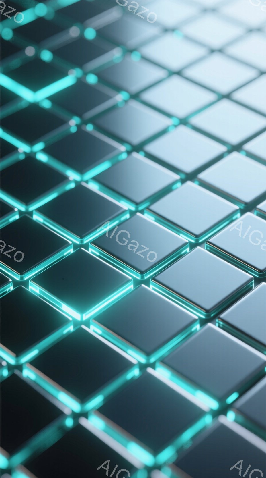 画像は、規則的に並んだ光沢のある正方形のタイルで構成された背景を示しています。各タイルは、明るい青緑色の光で縁取られており、未来的な印象を与えます。全体的に、クールでテクノロジー感のある、抽象的な雰囲気です。