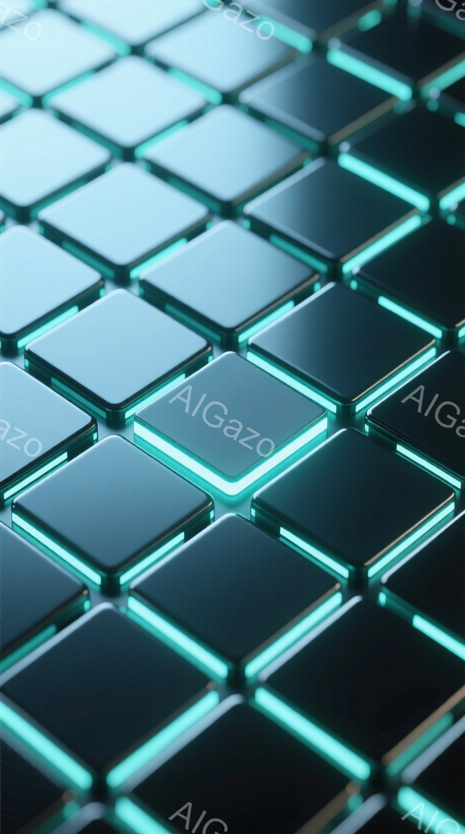 鮮やかなターコイズブルーの光を湛えた立方体が、規則的に並んで構成された抽象的な背景です。各立方体はわずかに浮き上がったように見え、光が縁を強調することで、未来的なテクノロジーやデジタル空間を連想させます。全体的に冷たく、洗練された、そして少し神秘的な雰囲気を醸し出しています。
