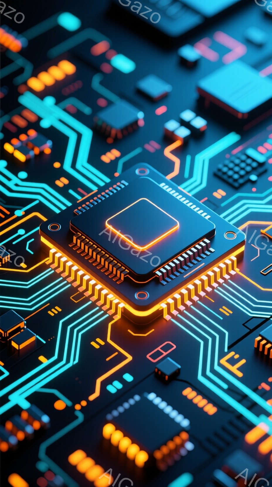 この画像は、鮮やかなネオンブルーとオレンジ色の回路基板をクローズアップしたものです。中央には発光するCPUチップがあり、複雑な配線が基板全体に広がっています。全体的に未来的な雰囲気で、テクノロジーと精密さを強調しています。