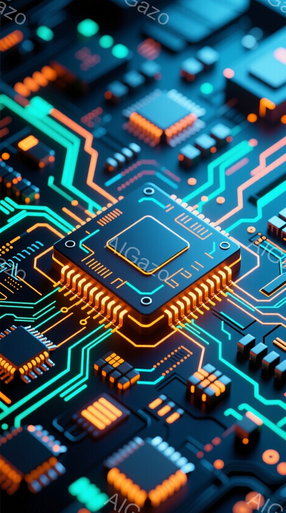 この画像は、鮮やかなオレンジと青色の回路基板をクローズアップしたものです。細かく配置された電子部品と配線が複雑なネットワークを形成し、未来的なテクノロジーの印象を与えます。光沢のある表面と鮮やかな色彩が、回路の複雑さと精密さを強調しています。