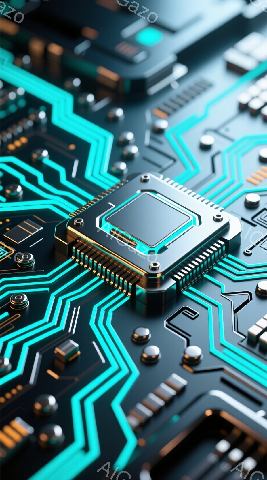この画像は、複雑な回路基板をクローズアップしたものです。鮮やかなターコイズブルーの線が基板上を走り、金色の電子部品が配置されています。中央には銀色のマイクロチップが目立ち、高技術と精密さを感じさせます。