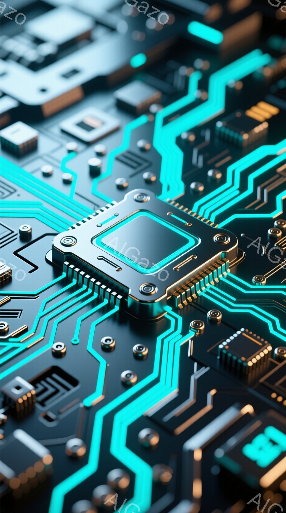 この画像は、複雑な電子回路基板のクローズアップです。鮮やかなターコイズブルーの配線が黒い基板上を複雑に走り、様々な電子部品と接続されています。全体的に、ハイテクで未来的な雰囲気を醸し出しており、精密さと技術力を強調しています。
