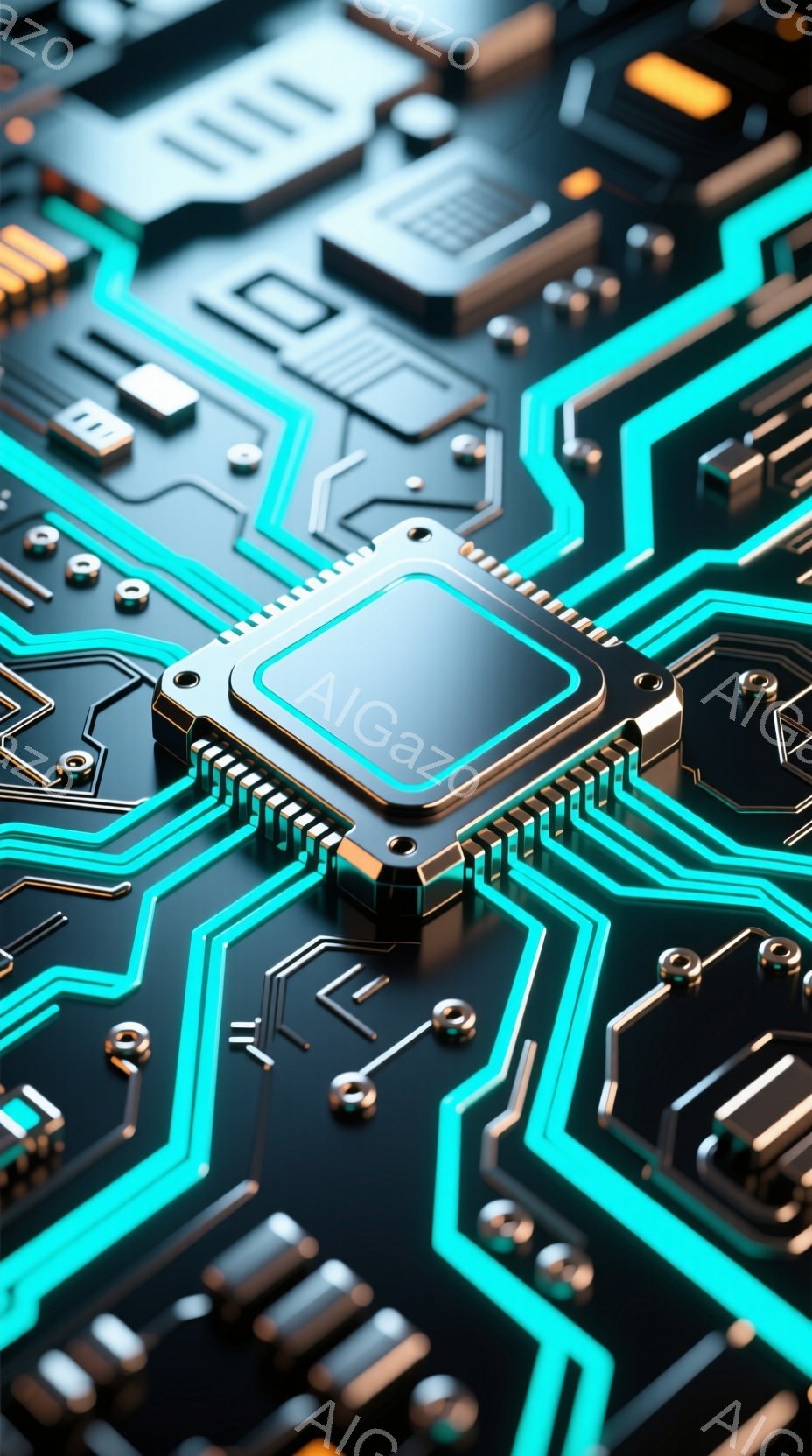 この画像は、鮮やかなターコイズブルーの配線が複雑に絡み合った電子回路基板をクローズアップしたものです。中央には銀色のチップが配置され、その周りには様々な電子部品が整然と並んでいます。全体的に未来的な雰囲気で、ハイテク機器内部の精密さを強調しています。