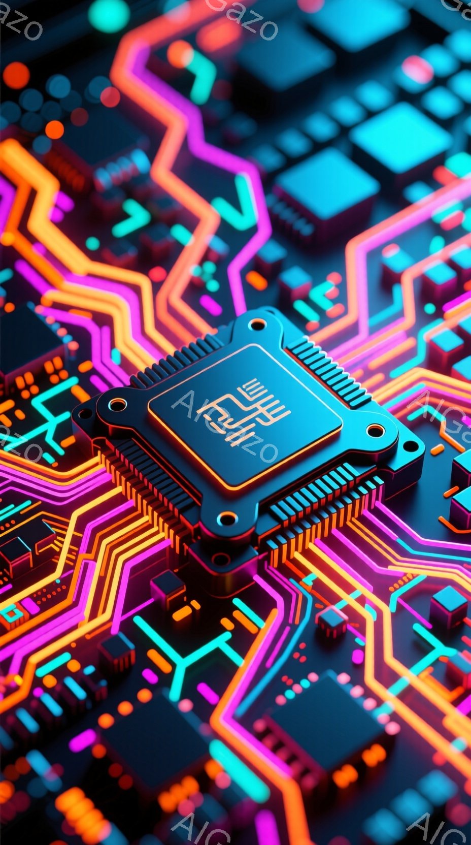この画像は、鮮やかなネオンカラーの回路基板上に設置されたコンピューターチップをクローズアップで捉えたものです。チップは黒を基調とし、金色の縁取りが施され、基板のピンク、オレンジ、ブルーの光るラインとコントラストをなしています。全体的に未来的で、テクノロジーとエネルギーが溢れるような雰囲気です。