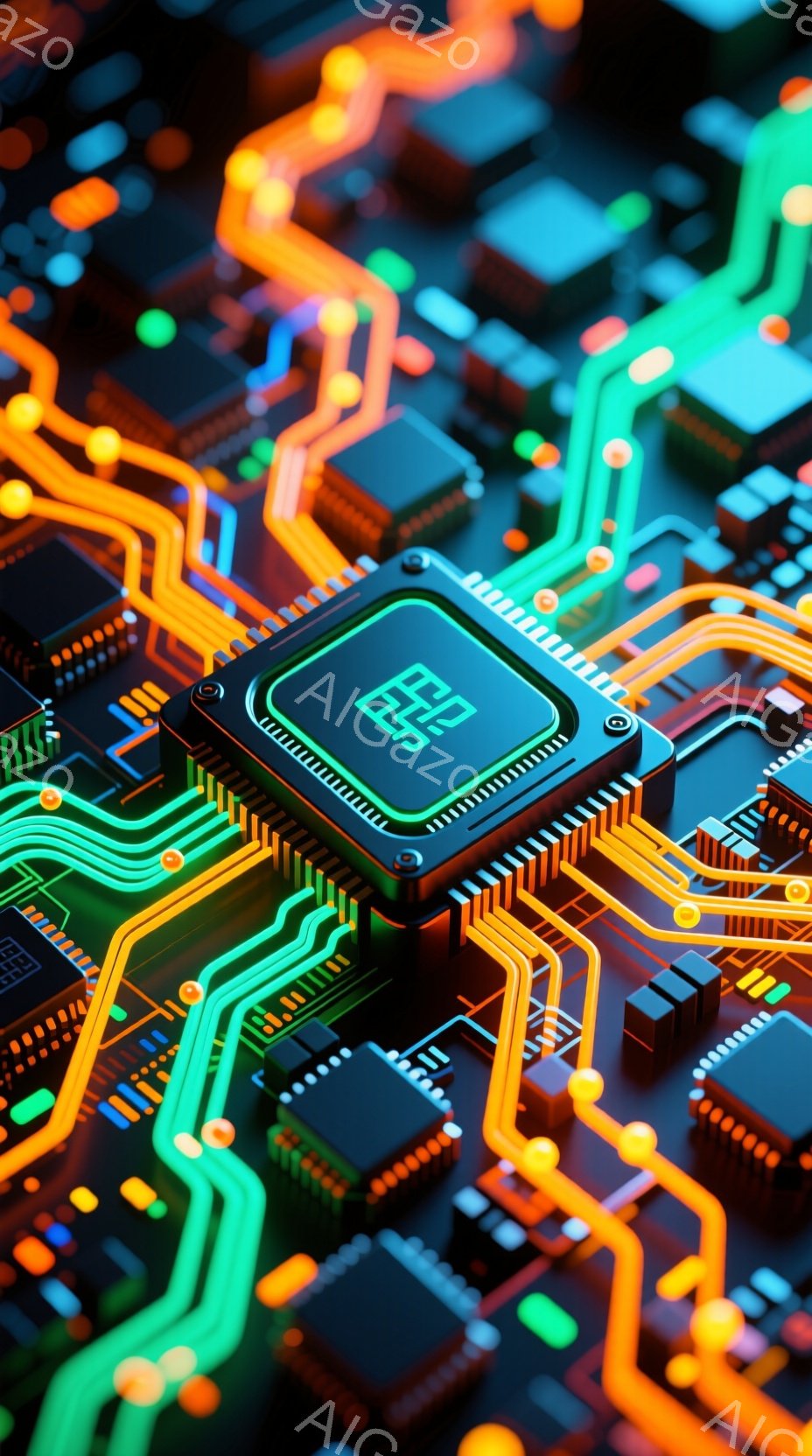 この画像は、複雑な電子回路基板をクローズアップしたものです。緑、オレンジ、青などの鮮やかな色の配線が複雑に絡み合い、小さな電子部品が配置されています。基板の中心には、大きなICチップが搭載されており、技術的な精密さと未来的な雰囲気を醸し出しています。