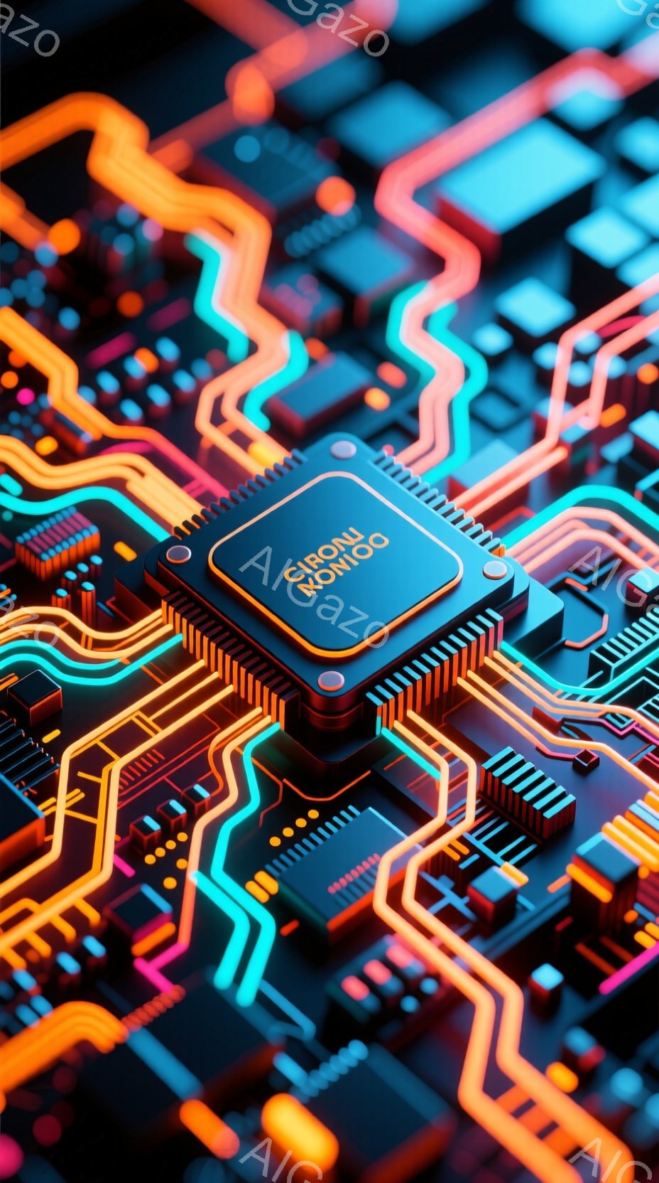 この画像は、鮮やかなネオンカラーで照らされた、電子回路のクローズアップです。中央には黒いチップが配置され、周囲を複雑な配線が網の目のように覆っています。全体的に未来的な雰囲気で、テクノロジーの進歩やデジタル世界のイメージを喚起させます。