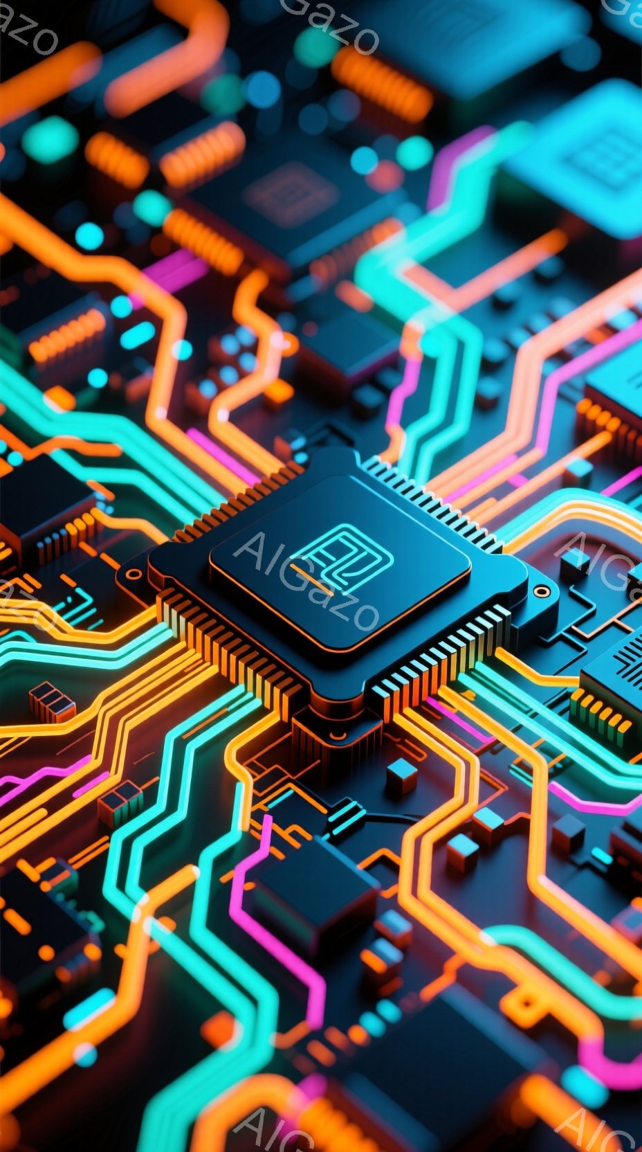 この画像は、ネオンカラーの回路基板をクローズアップしたものです。中央には、「FL」と書かれたチップが配置され、周囲を鮮やかなオレンジ、ピンク、ブルーの線が複雑に走っています。全体的に未来的なテクノロジ - AI生成フリー素材