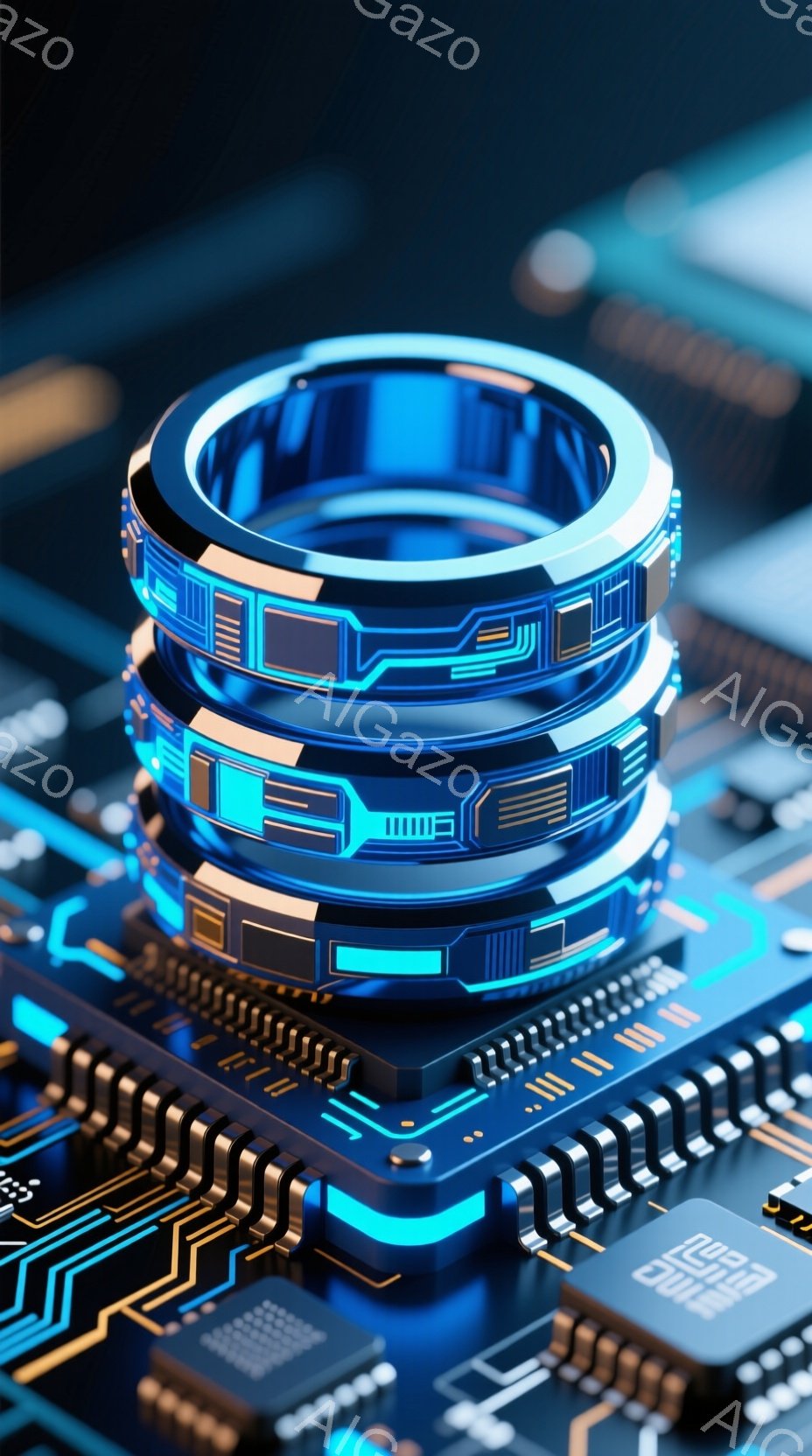 この画像は、青色を基調とした未来的な電子回路基板上に配置された、光沢のあるサイバーパンク風の指輪を描写しています。指輪は複数の層で構成され、鮮やかなターコイズブルーのネオンライトが縁取りや各層の間を照らし、技術的な複雑さを強調しています。基板には金色のトレースや微小な電子部品が散りばめられ、全体として先進的でデジタルな雰囲気を醸し出しています。