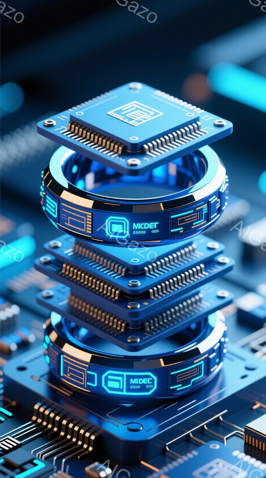 この画像は、青色を基調とした電子部品の積み重ねをクローズアップで捉えています。各部品は発光するラインで装飾されており、未来的な印象を与えます。背景には基板が広がっており、技術的なテーマを強調しています。