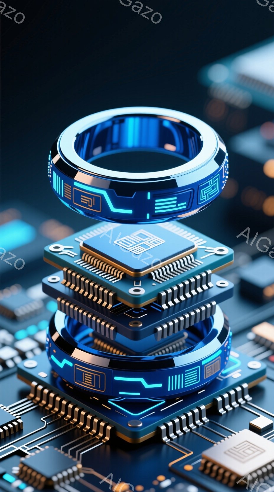 この画像は、青色を基調とした未来的なリングと、積み重ねられた複数のプリント基板（PCB）のクローズアップです。リングと基板には、細い光のラインが走っており、テクノロジーと洗練さを強調しています。基板は - AI生成フリー素材
