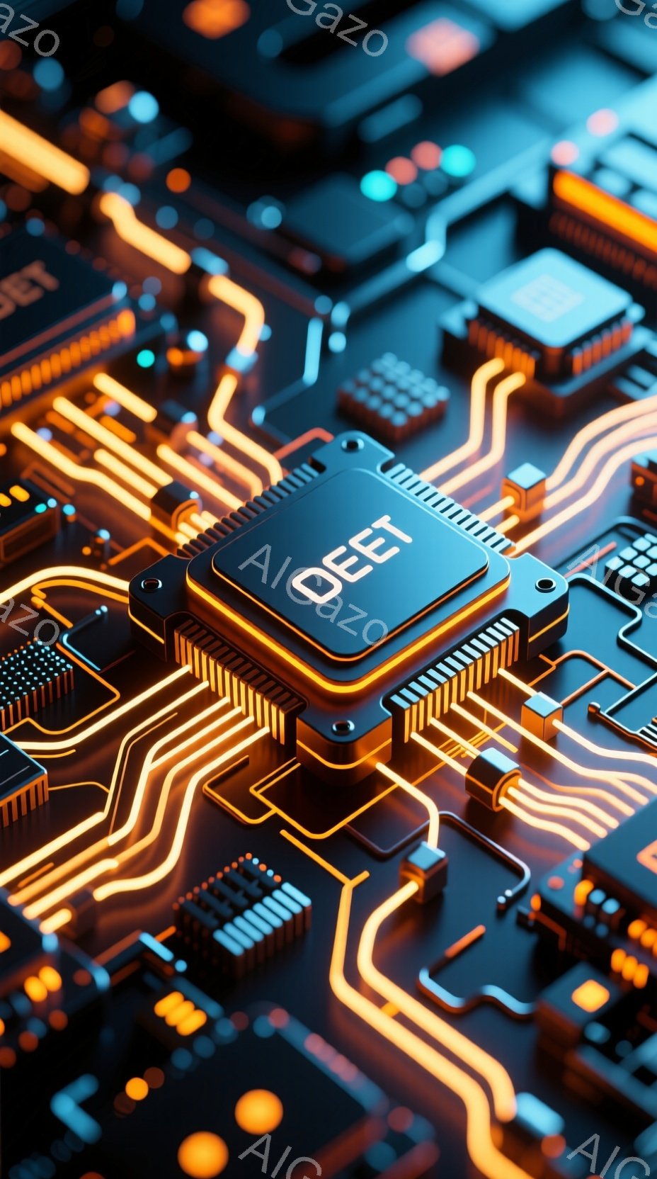 鮮やかなオレンジ色の回路が複雑に絡み合い、電子基板の風景を作り出しています。中央には「DEET」と刻印された大きなICチップが配置され、周囲には細かい電子部品が密集しています。全体的に未来的な雰囲気が漂い、テクノロジーの進歩やデジタル世界のイメージを喚起させます。