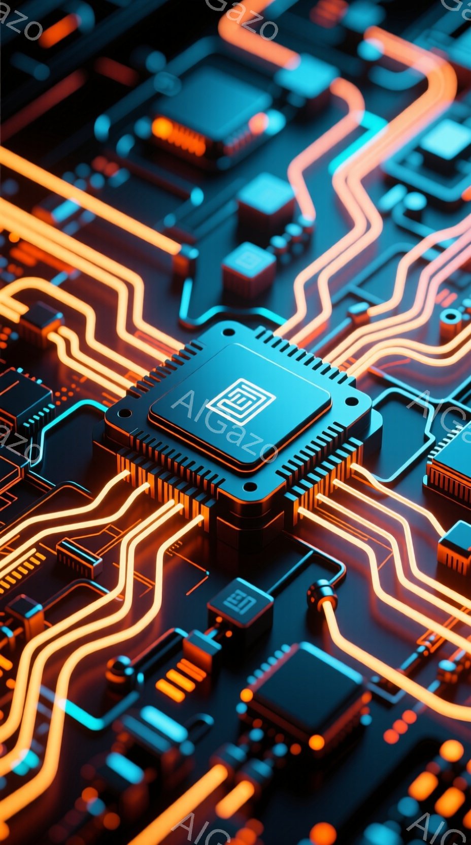 この画像は、複雑な回路基板をクローズアップしたものです。鮮やかなターコイズブルーとオレンジ色のラインが光り、未来的な雰囲気を醸し出しています。小さな電子部品が精密に配置され、高度な技術と精密さを感じさせます。