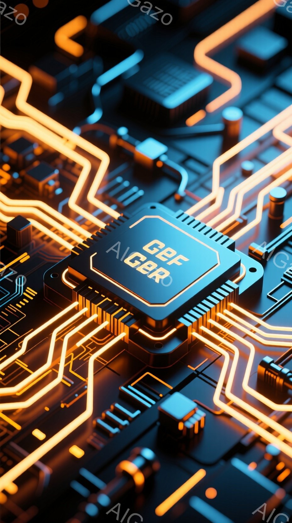 この画像は、鮮やかなオレンジ色の回路基板が複雑に絡み合った様子を捉えています。基板の中心には「GEF」と書かれた黒いチップが配置され、その周囲に光る配線が技術的な精密さを強調しています。全体的に、未来的なテクノロジーとエネルギーの流れを感じさせる、鮮やかでダイナミックな構図です。
