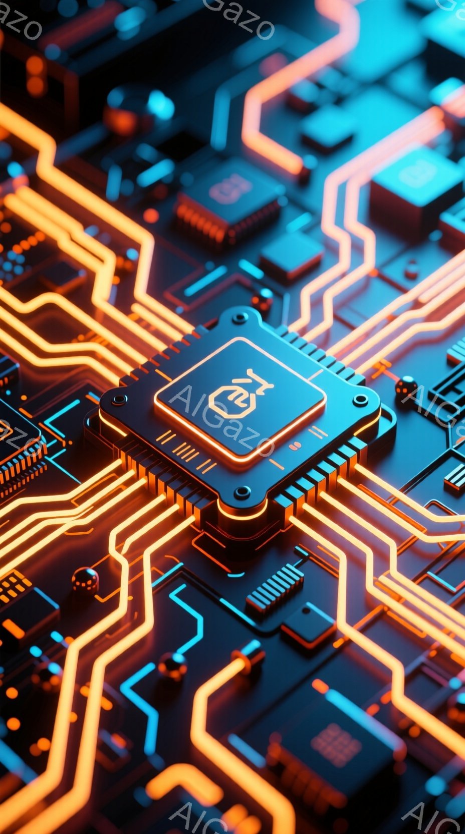 鮮やかなオレンジ色の配線が複雑に絡み合い、電子回路基板を構成している。中心には、発光しているような四角いチップが配置され、その上に特徴的な記号が描かれている。全体的に未来的なテクノロジーを感じさせる、鮮やかで洗練された雰囲気である。