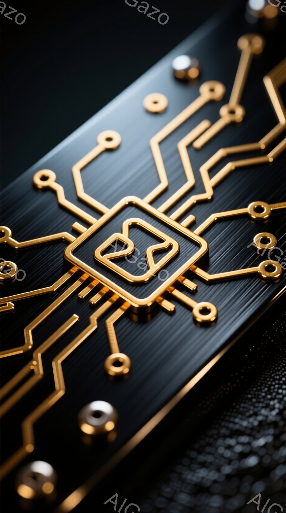 鮮やかな金色の回路が黒い背景に描かれており、精密な電子部品が複雑に組み合わさった様子が強調されています。回路は角度をつけて配置されており、奥行きと立体感が生まれています。背景は暗く、回路の金色の輝きが際立っており、技術的な未来感を演出しています。