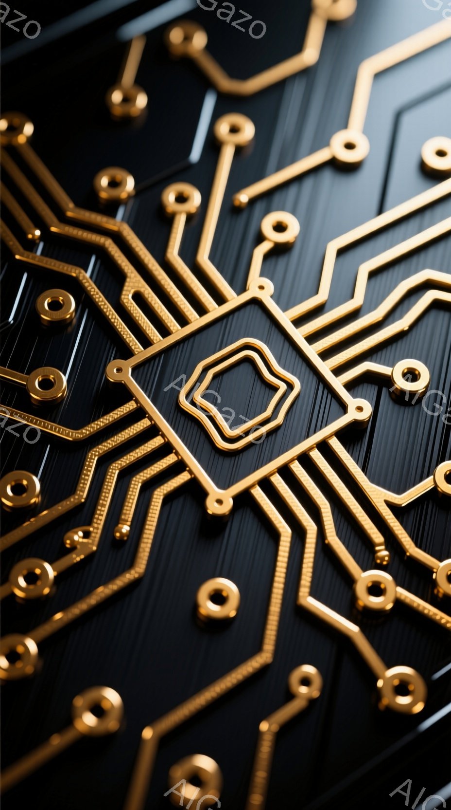 画像は黒色の背景に金色の回路が複雑に描かれた、技術的なテクスチャです。回路は幾何学的な形状で構成され、中心に向かって放射状に広がっています。全体として、先進的なテクノロジーやデジタル世界の洗練された雰囲気が漂います。