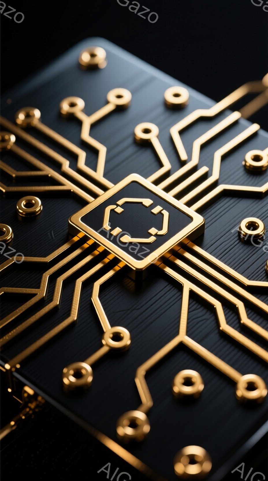 画像は、黒い背景に金色の回路が複雑に組み合わさった様子を捉えています。中心には、金色の枠に囲まれた、円形のアイコンが配置されており、まるで電子機器の基板のような印象を与えます。全体的に高級感があり、精密な技術を連想させる雰囲気です。