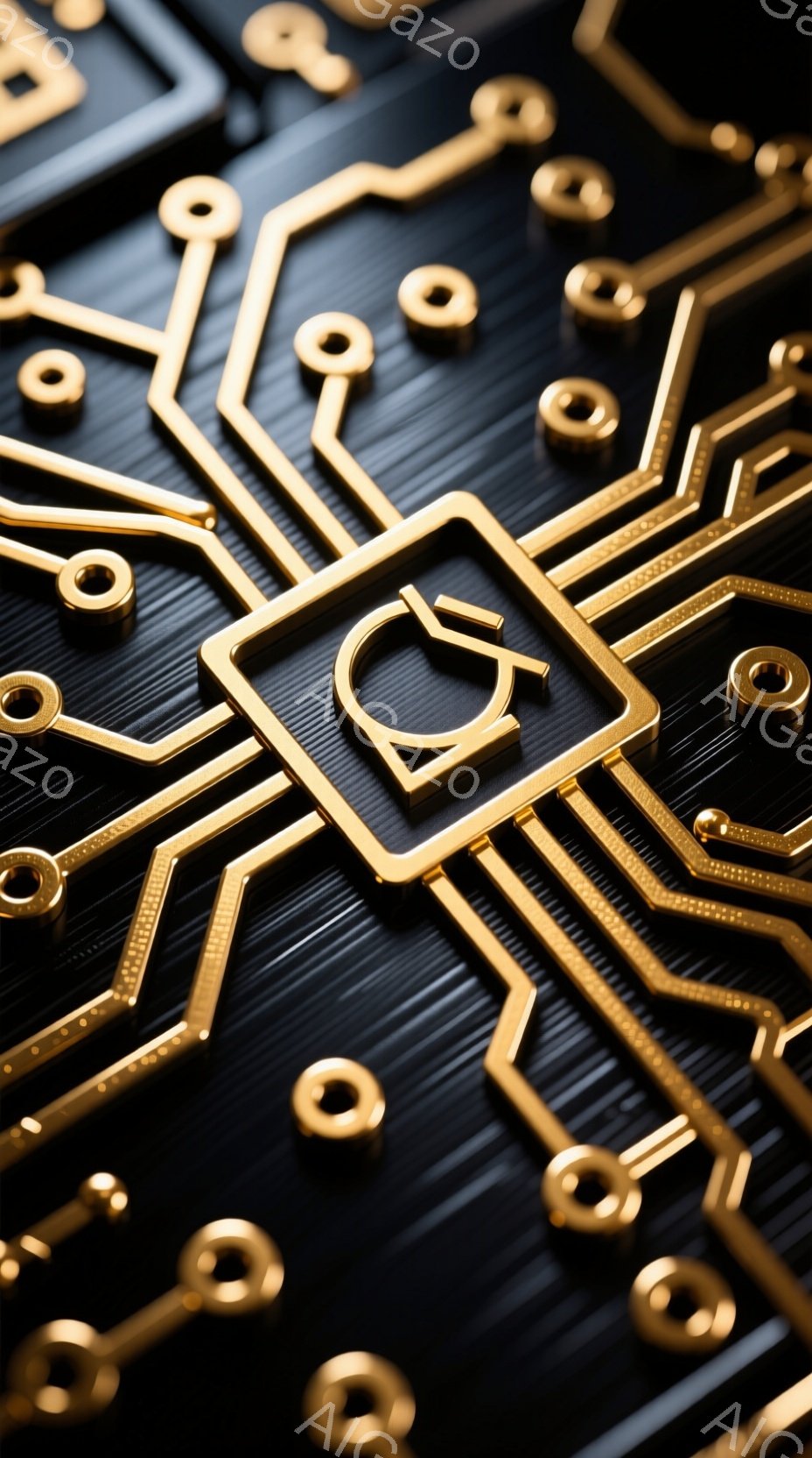 この画像は、黒色の背景に金色の回路が複雑に描かれたクローズアップです。金色の円形の部品と、それらを繋ぐ細い線が、精密な電子基板を思わせます。全体的に高級感があり、未来的な技術を連想させるデザインとなっています。