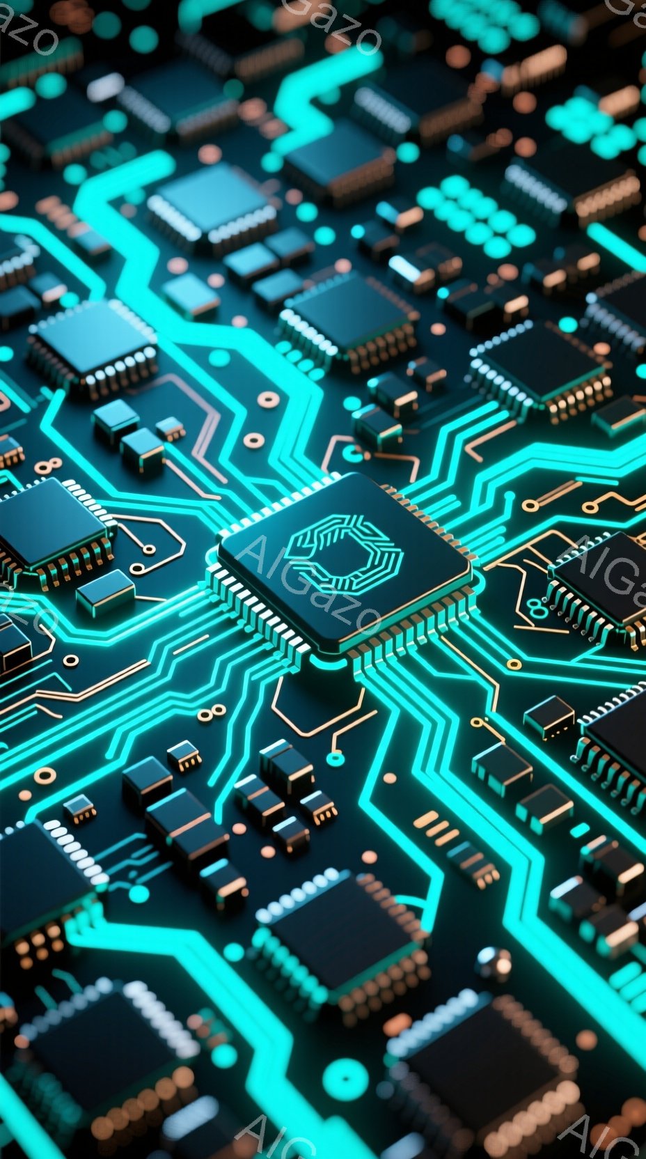 この画像は、電子回路基板のクローズアップで、複雑な金色の配線と様々な電子部品が青色の光で強調されています。基板全体は暗い背景の中に浮かび上がり、未来的なテクノロジーと精密さを感じさせます。回路のパターンは複雑で、まるで都市の地図のように見え、高度な技術を暗示しています。