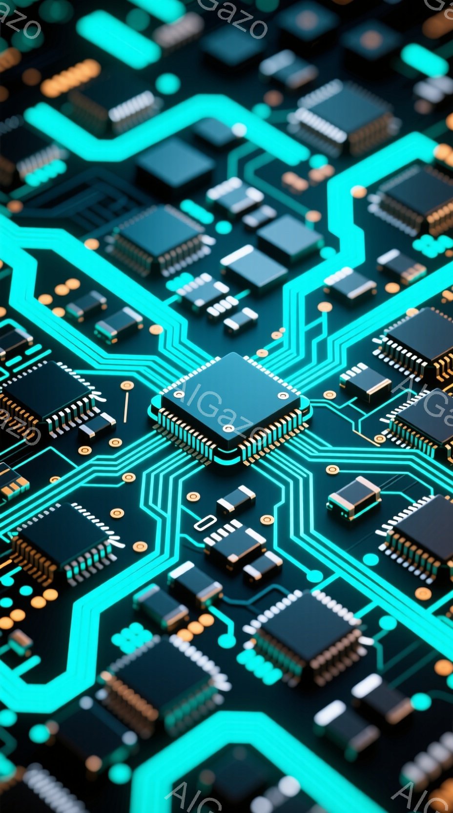 この画像は、暗い背景にネオンブルーのラインで接続された電子部品の回路基板を詳細に捉えています。様々なサイズのチップや抵抗器が複雑に配置され、未来的な技術感と精密さを強調しています。全体的にクールで、デ - AI生成フリー素材