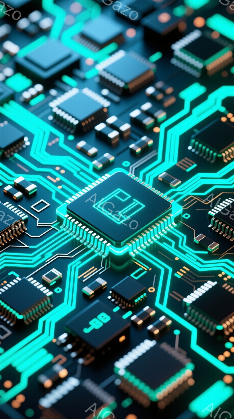 この画像は、複雑な電子回路基板のクローズアップです。鮮やかなターコイズブルーの配線が黒い基板上を網の目のように走り、様々な電子部品が配置されています。全体的に未来的な印象で、テクノロジーの進化やデジタル世界の複雑さを表現しています。