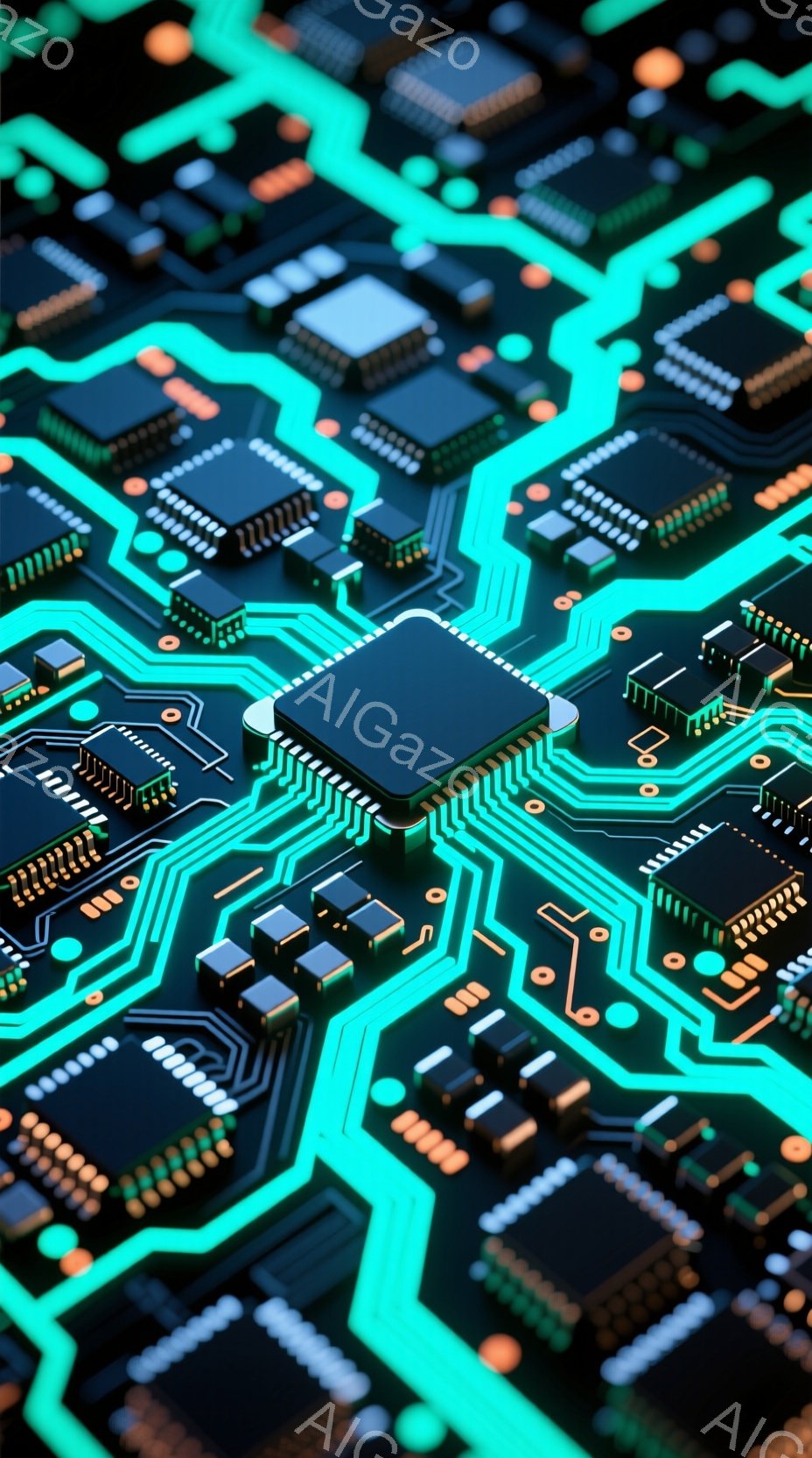 この画像は、複雑な電子回路基板をクローズアップしたものです。鮮やかなターコイズブルーの配線が黒色の基板上を網の目のように走り、多数の小さな電子部品が整然と配置されています。基板全体が未来的で技術的な雰囲気を醸し出し、精密さと複雑さを強調しています。