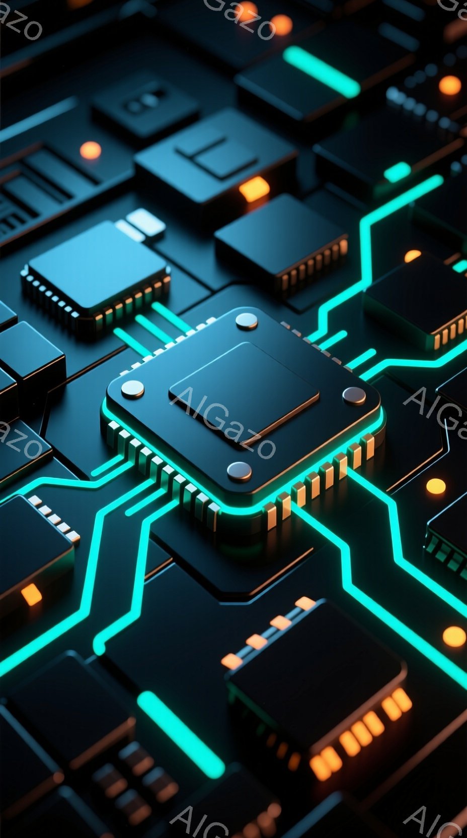 鮮やかなネオンブルーの回路が、黒い基板上に複雑に配置された、近未来的な電子回路の風景が広がっています。各チップは鮮やかなオレンジ色の光で強調され、回路は立体的に浮かび上がっています。全体的に、技術革新とデジタル世界の洗練された雰囲気が漂います。