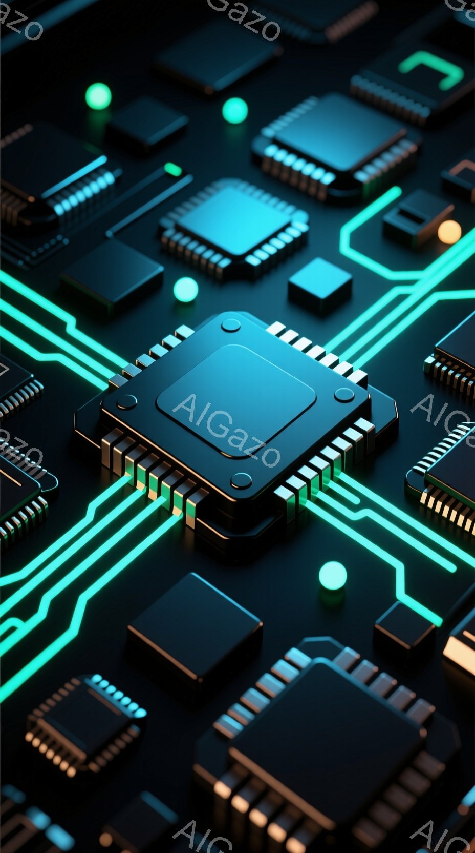 この画像は、黒い基板上に配置された電子部品のクローズアップです。明るい青色の配線が基板上を複雑に走り、各チップを繋いでいます。全体的に未来的な雰囲気で、高技術な電子機器内部を連想させます。
