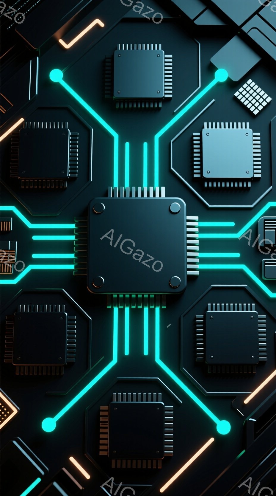 この画像は、回路基板を模した抽象的なデザインです。鮮やかなネオンブルーとオレンジ色の光が、黒い基板上に複雑なパターンを描き出しており、未来的でテクノロジーを感じさせる雰囲気です。光の線が交差するデザイ - AI生成フリー素材