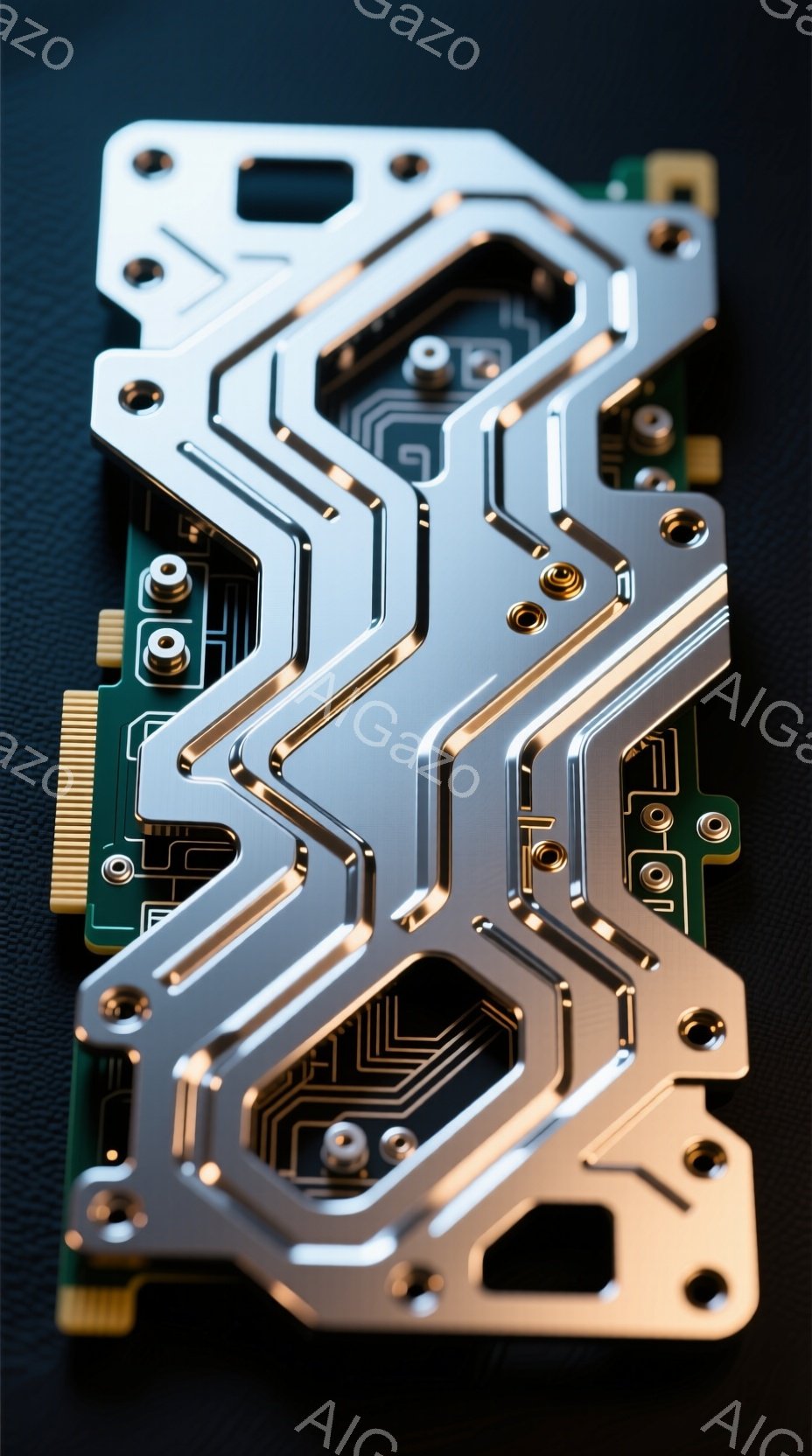 この画像は、緑色の基板上に複雑な金属製のヒートシンクが搭載された電子機器の部品です。ヒートシンクは、細かいフィン状の構造を持ち、熱を効果的に放散するように設計されています。暗い背景と、ヒートシンクの精密な金属光沢が、技術的な洗練さを強調しています。