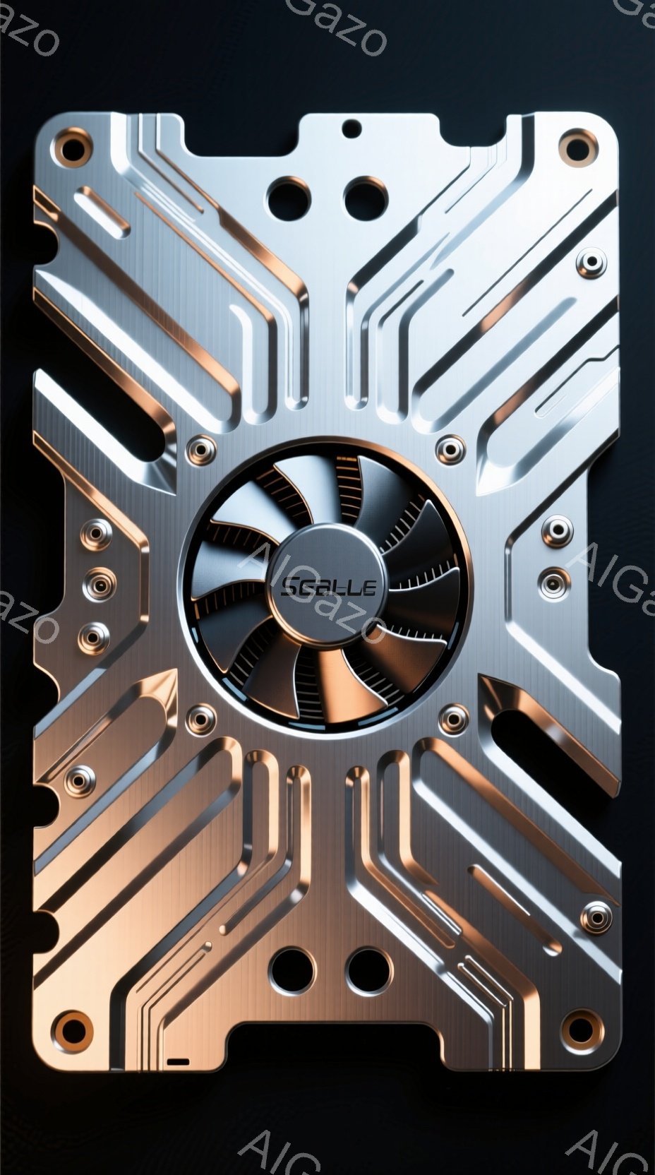 この画像は、未来的なデザインの金属製のプレートを示しています。中央には冷却ファンがあり、周囲には複雑な幾何学模様の溝やボルトが見られます。全体的にクールでテクノロジー感があり、高性能なコンピューター機器の一部であるように見えます。