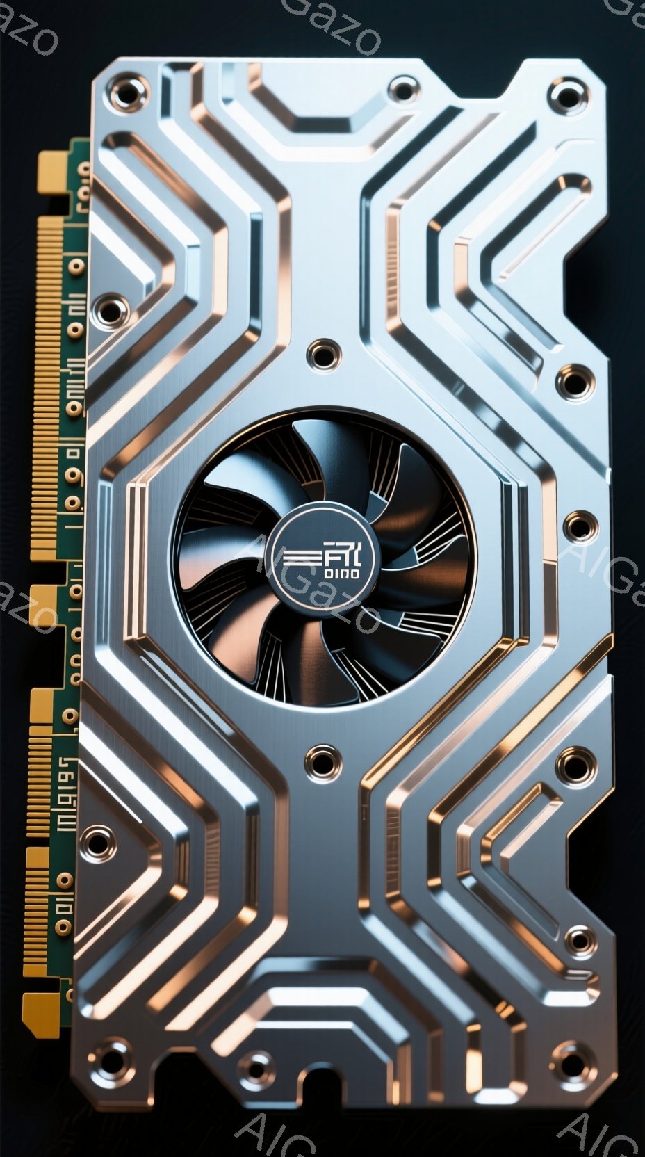 この画像は、金属製の複雑な冷却機構を持つ高性能なグラフィックボードを示しています。銀色の筐体には幾何学的なパターンが施され、中央には回転するファンが配置されています。ボードの端には金色のコネクタがあり - AI生成フリー素材