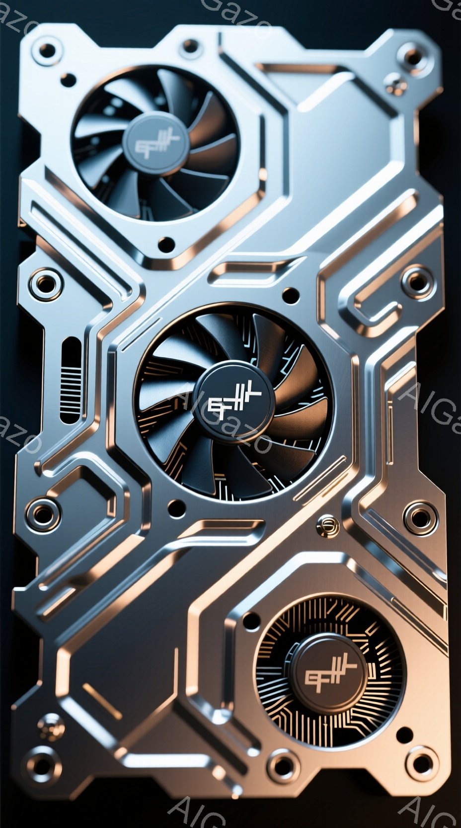 この画像は、金属製の冷却装置の一部をクローズアップしたものです。複雑な幾何学的なデザインが施されており、中央にはロゴが刻印されたファンが2つ配置されています。全体的に冷たい金属の質感と未来的な雰囲気が漂い、ハイテク機器の一部であると考えられます。
