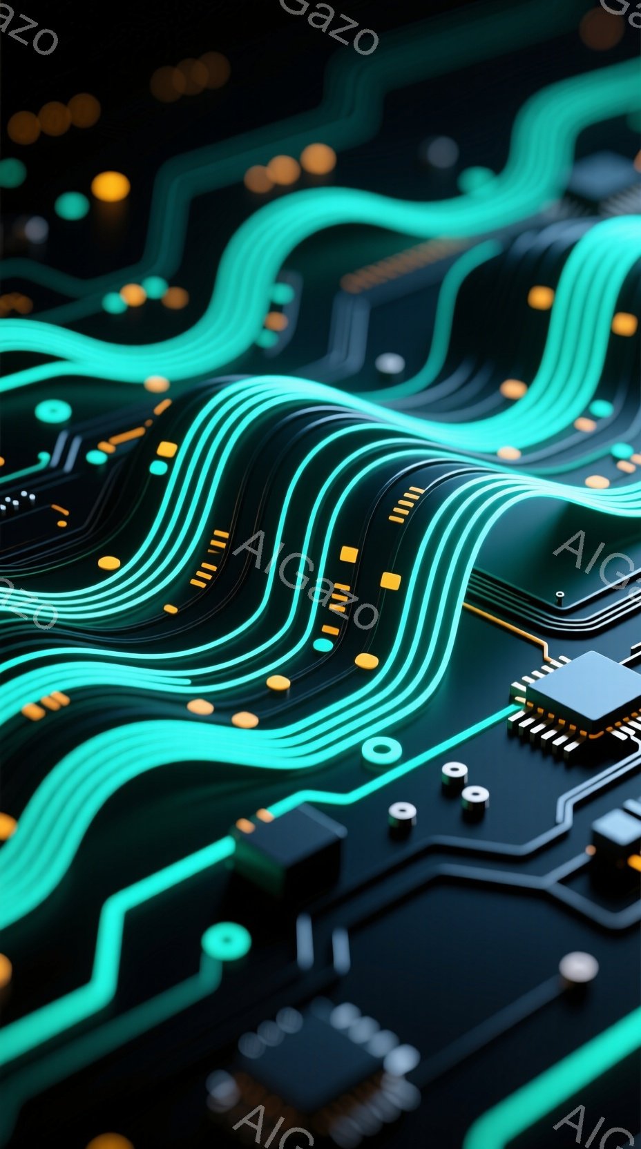 この画像は、回路基板のクローズアップで、鮮やかなターコイズブルーの線が複雑に絡み合い、金色の小さなパーツが点在しています。基板上にはいくつかの電子部品が配置され、現代技術の複雑さと美しさを表現していま - AI生成フリー素材