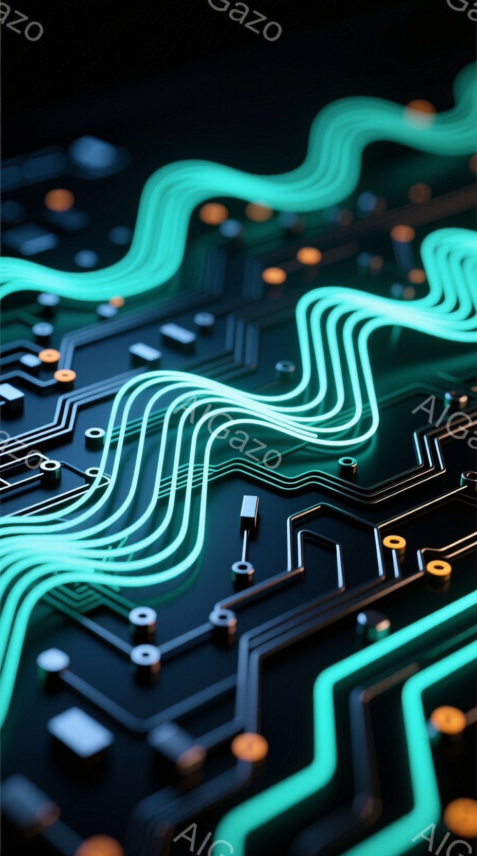 この画像は、回路基板のクローズアップです。鮮やかなターコイズブルーの線が、金色の電子部品と黒い基板上に複雑に走っています。全体的に未来的で、テクノロジーを感じさせる雰囲気です。 - AI生成フリー素材