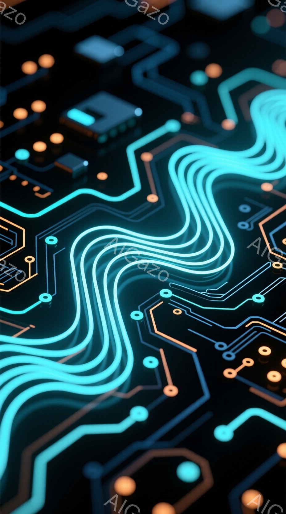 この画像は、暗い背景に複雑な回路図が描かれたものです。青とオレンジ色の光る線が交差し、未来的なテクノロジーの雰囲気を作り出しています。全体的に、精密で洗練された印象を与え、電子機器やデジタル世界の構造 - AI生成フリー素材
