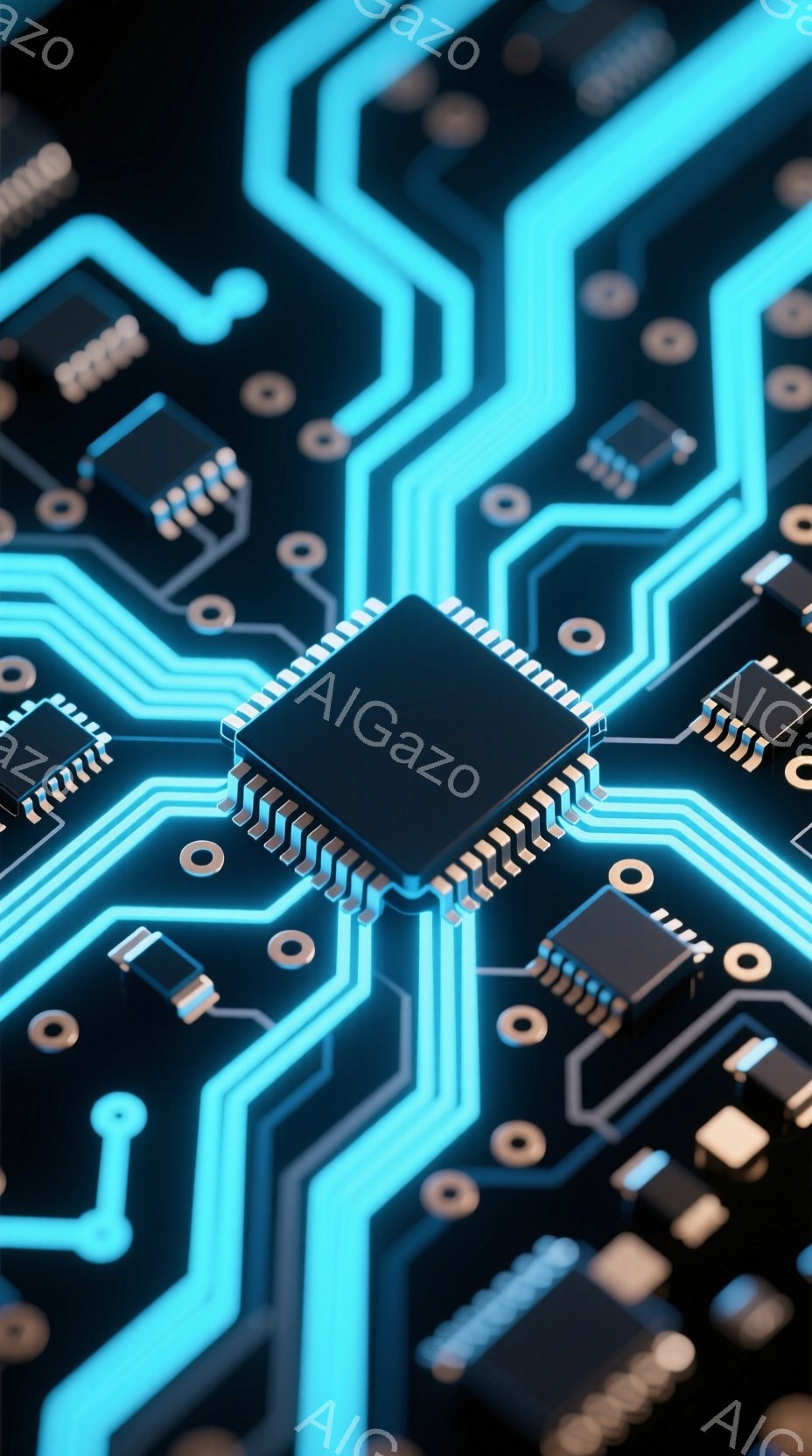 この画像は、青色の回路基板が複雑に絡み合った様子を捉えています。中央には黒色のICチップが配置され、基板の青いラインがその周りを光のように走っています。全体的に未来的な雰囲気で、テクノロジーやデジタル - AI生成フリー素材