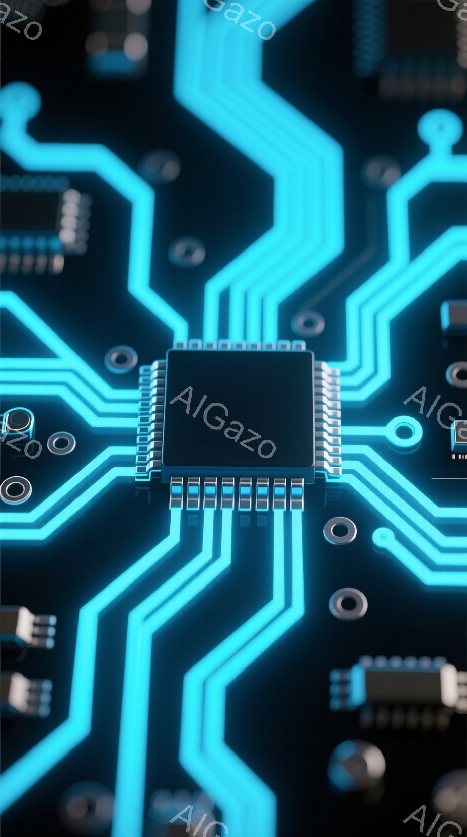 この画像は、青色の配線が複雑に絡み合った電子回路基板を捉えています。中央には黒色のICチップが配置され、その周囲に様々な電子部品が配置されています。全体的に未来的で、テクノロジーを感じさせる鮮やかな光景です。