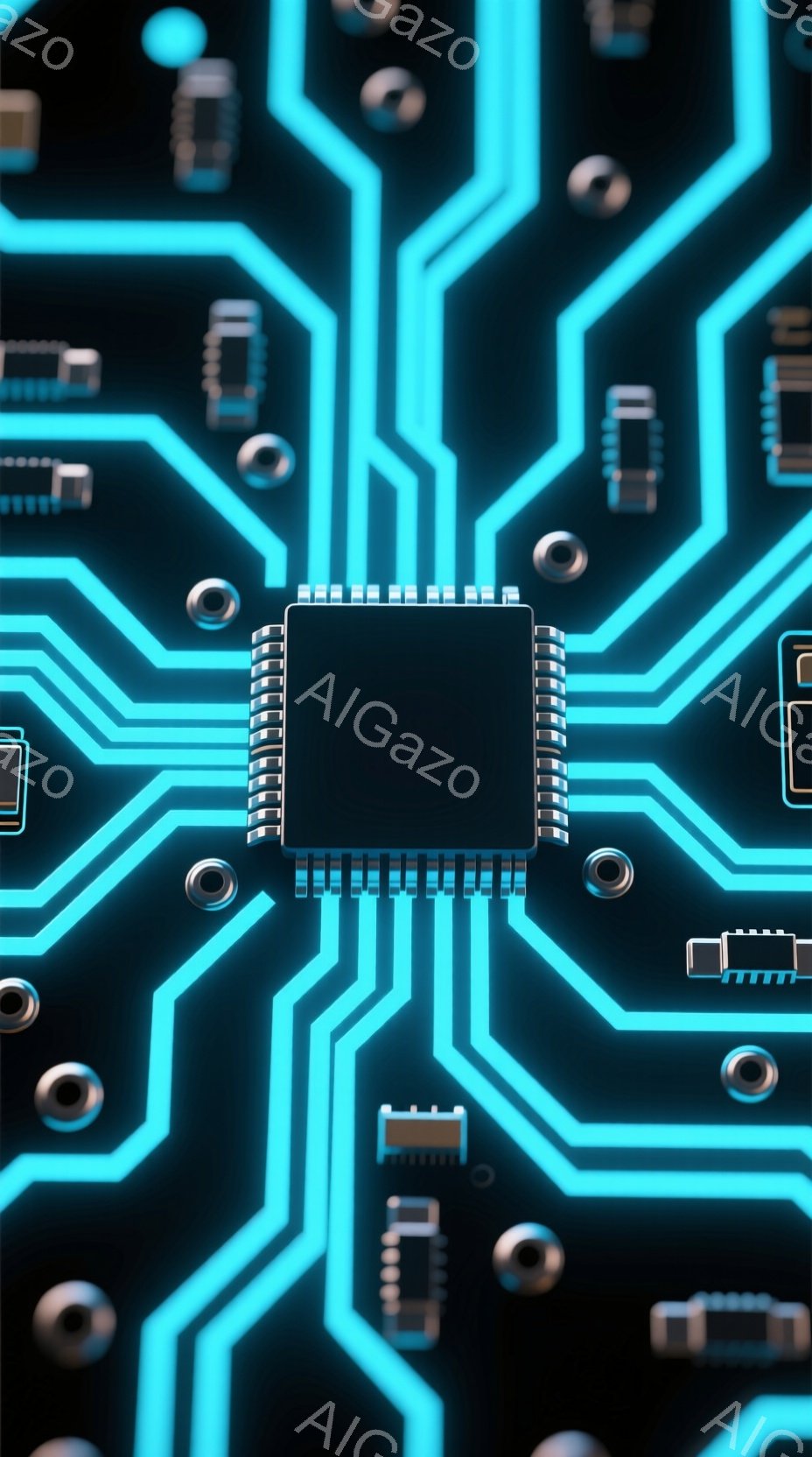 鮮やかな青色の回路基板が黒色の背景に浮かび上がっており、中心には銀色のマイクロチップが配置されています。細い配線が複雑に絡み合い、未来的なテクノロジーを想起させる光景です。全体的にクールで洗練された印象を与え、デジタル世界の神秘的な雰囲気を表現しています。