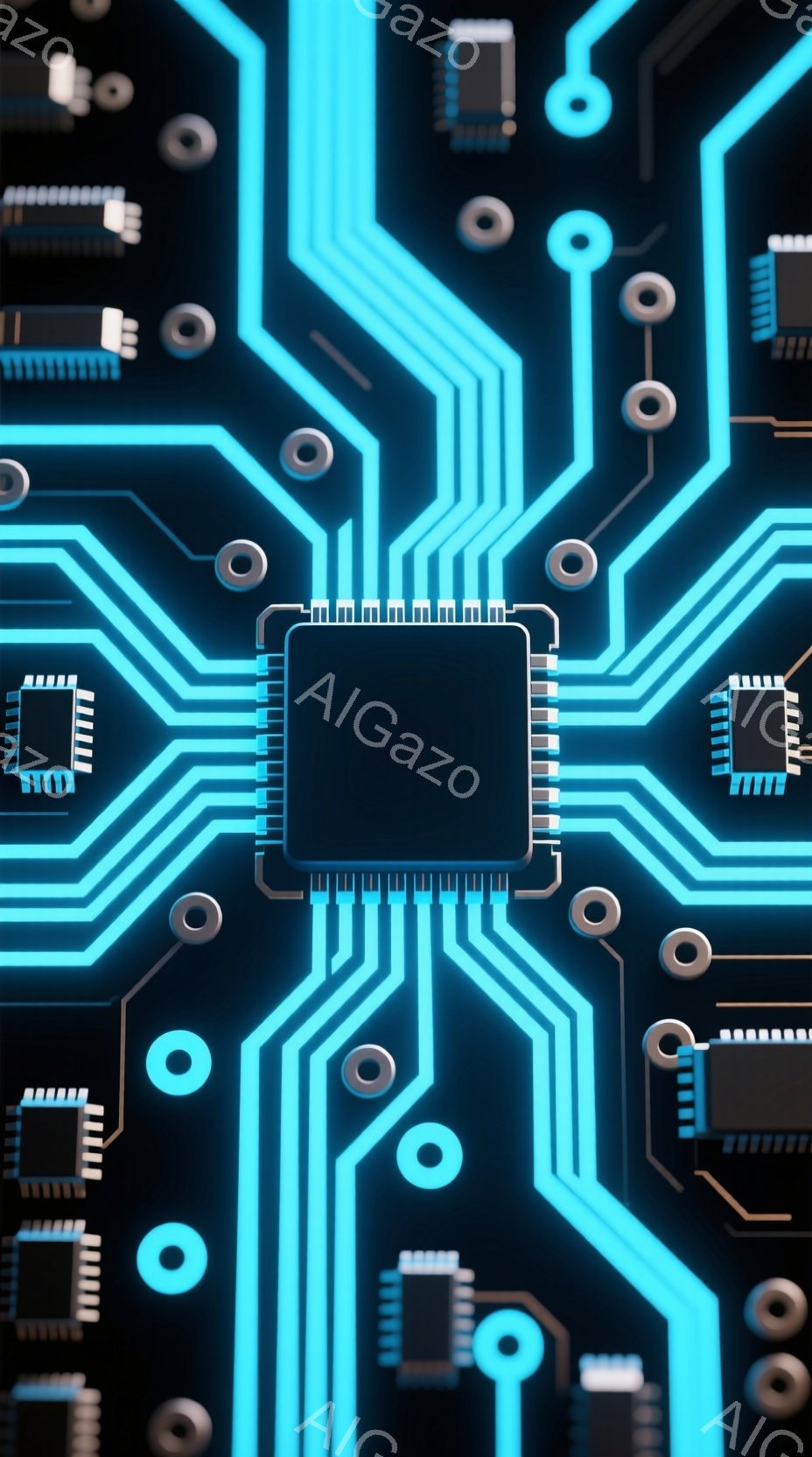 濃い青色の背景に、明るい青色の回路図が描かれています。中央には、ピンが多数ある黒いチップが配置され、その周囲に細い線が複雑に張り巡らされています。全体的に未来的な印象を与え、テクノロジーや電子機器を連 - AI生成フリー素材