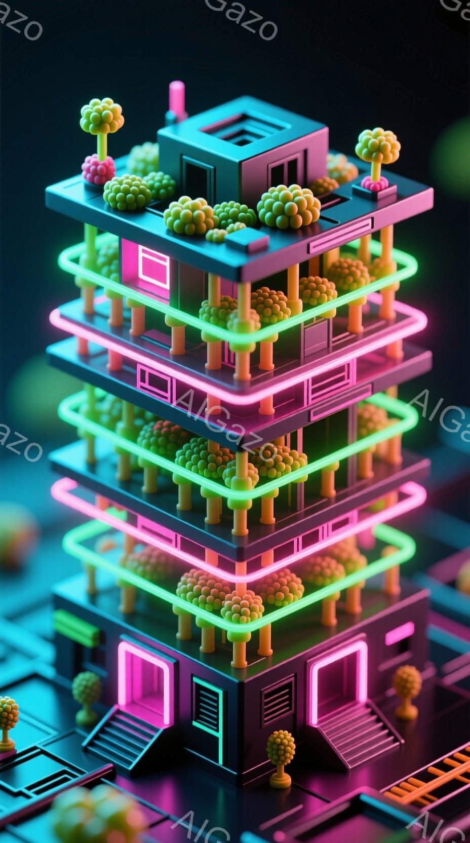 鮮やかなネオンカラーで構成された、未来的な高層ビルが描かれています。各階は光る線で縁取られ、屋上には緑色の球状の木々が配置されています。背景は暗く、ビルの光が際立ち、サイバーパンクのような雰囲気を醸し出しています。