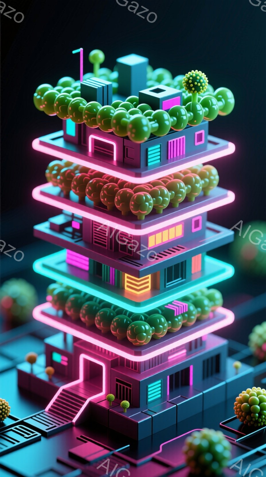 鮮やかなネオンカラーで構成された未来的な建物が、階段状に積み重なって描かれています。各階には緑の球状の植物が配置され、建物の輪郭はピンク色の光で強調されています。背景は暗く、建物が発光しているように見 - AI生成フリー素材