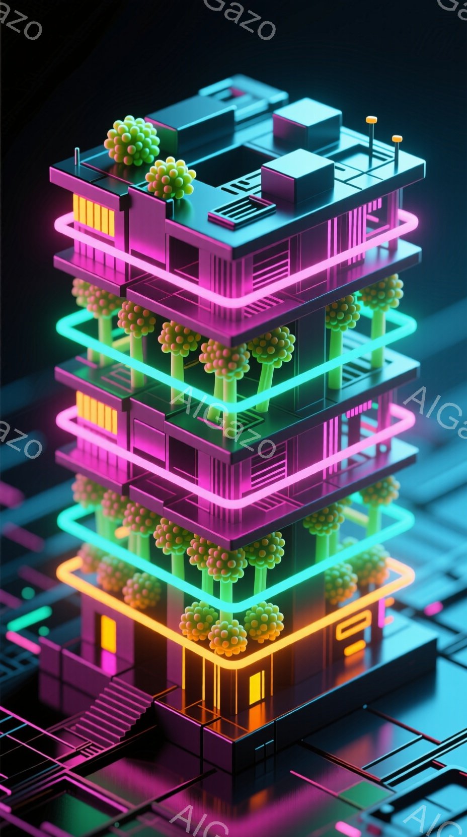 鮮やかなネオンカラーで構成された、未来的な建物が描かれています。各階には小さな緑の樹木が配置され、建物全体が発光しているような印象を与えます。背景は抽象的なパターンで、サイバーパンク風の雰囲気を醸し出しています。