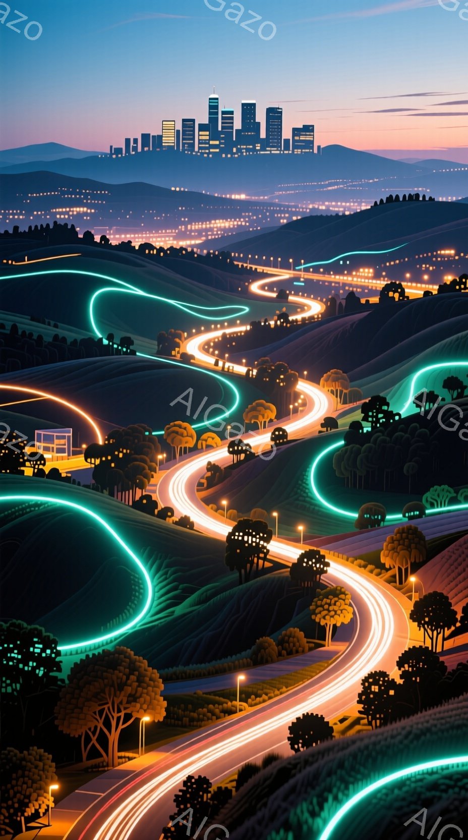 起伏のある丘陵地帯を蛇行する道路が印象的な風景です。道路には車の光の軌跡が伸び、遠景には都市のスカイラインがシルエットで描かれています。全体的に静かで幻想的な雰囲気を持ち、夜のドライブや未来的な都市のイメージを喚起させます。